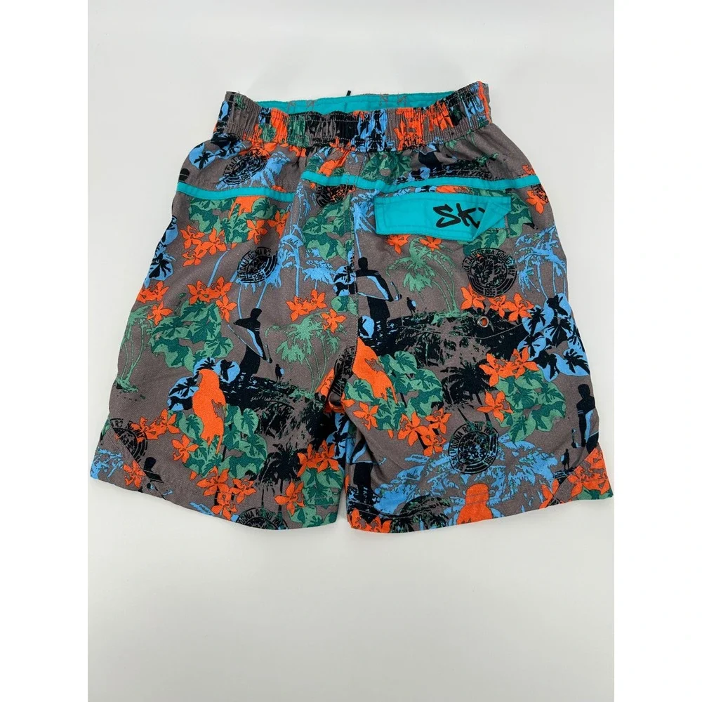 Skechers SKX Boys Swim Trunks Tropical Surf Print Mesh Lined Grey Orange 10/12